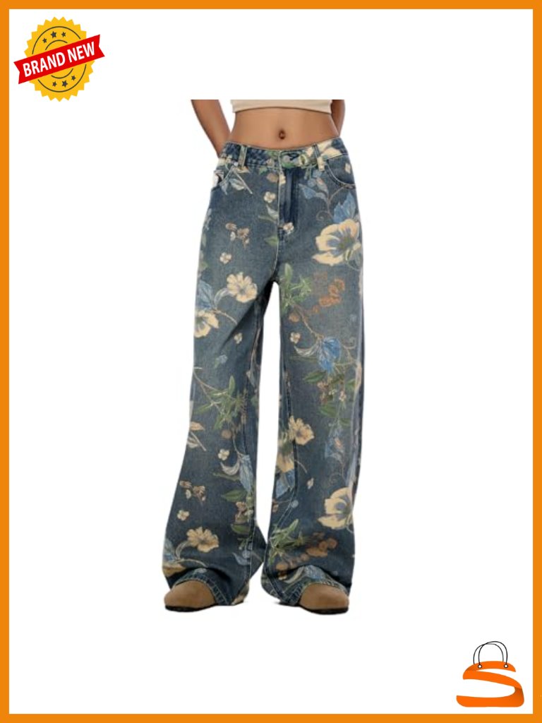 Women's High Waisted Wide Leg Floral Printed Baggy Boyfriend Jeans
